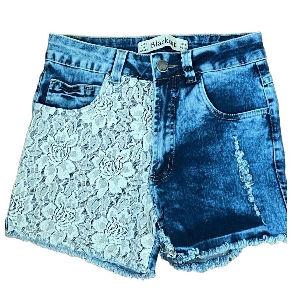 Blackout Women’s Distressed Lace High Waisted Jean Shorts Made‎ in Brazil Sz S
